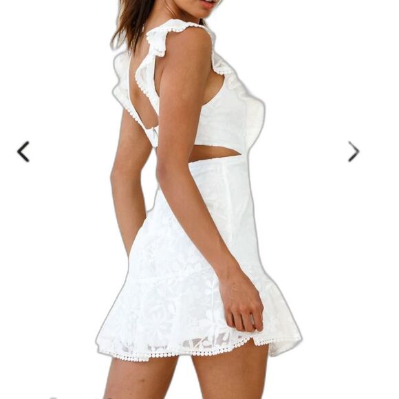 Hello Molly White Pinafore Floral Mesh Lace Open Back Mini Dress Size S - Picture 2 of 16